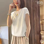 【初色】寬鬆顯瘦素色圓領短袖針織衫上衣女上衣-共4色-35171(F可選) F 白色