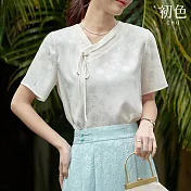 【初色】新中式緹花純色泡泡袖寬鬆V領短襯衫上衣女上衣-白色-35089(M-3XL可選) 2XL 白色