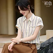 【初色】韓系翻領條紋簡約寬鬆短袖襯衫上衣女上衣-米色條紋-35318(M-3XL可選) M 米色條紋