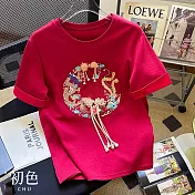【初色】新中式刺繡立體掛飾圓領短袖T恤上衣女上衣-紅色-35464(M-3XL可選) 3XL 紅色