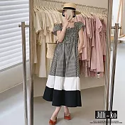 【Jilli~ko】法式飛飛袖寬鬆格子拼接連衣裙 J11881  FREE 黑色