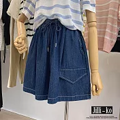 【Jilli~ko】鬆緊高腰休閒寬鬆顯瘦牛仔短褲 J11883 FREE 深藍