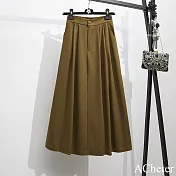 【ACheter】 百搭休閒A字高腰傘裙優雅簡約風鬆緊腰帶口袋長裙# 122742 M 焦糖色