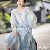 【MsMore】 天空之境長裙套裝柔軟V領刺繡七分袖上衣+鬆緊高腰長裙2件式# 122030 M 藍色