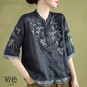 【初色】棉麻風立領刺繡襯衫上衣五分短袖女上衣-共3色-35386(M-2XL可選) 2XL 藏青色