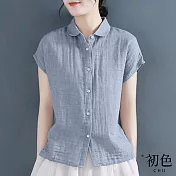 【初色】棉麻風輕薄夏日翻領短袖純色襯衫上衣女上衣-共5色-35388(M-2XL可選) M 淺藍色