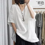 【初色】韓版寬鬆純色休閒V領五分袖T恤上衣女上衣-共2色-35501(L-2XL可選) L 白色
