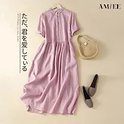 【AMIEE】拼接純色棉麻短袖連衣裙洋裝(KDDY-8690) M 粉色