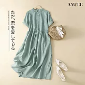 【AMIEE】拼接純色棉麻短袖連衣裙洋裝(KDDY-8690) M 綠色