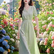 【MsMore】 韓系輕熟風上流社會極簡杏色V領短袖掐腰法式長洋裝# 122777 2XL 杏色