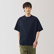 【MUJI 無印良品】男涼感亨利領布帛短袖T恤 S 深藍