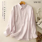 【AMIEE】棉麻簡約輕盈法式開襟襯衫(KDTY-2617) M 粉色