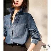 【初色】復古水洗牛仔翻領襯衫上衣外套-牛仔藍-66371(M-2XL可選) M 牛仔藍