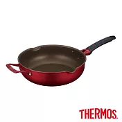 【THERMOS膳魔師】厚鑄耐摩不沾鍋單柄附耳深煎鍋28cm(KFJ-028W-R) 質感紅