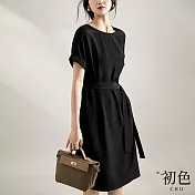 【初色】輕奢圓領綁帶純色連衣裙短袖連身洋裝-共2色-67891(M-XL可選) M 黑色