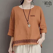 【初色】休閒圓領棉麻繡花七分袖上衣-共3色-66505(M-2XL可選) L 橘色