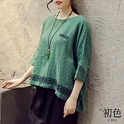 【初色】休閒圓領棉麻繡花七分袖上衣-共3色-66505(M-2XL可選) L 綠色