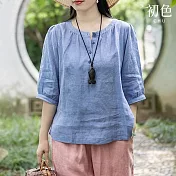 【初色】文藝復古風棉麻純色半開領七分長袖寬鬆圓領T恤上衣女上衣-共2色-35457(M-3XL可選) M 藍色