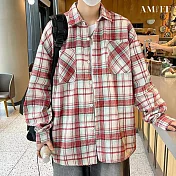【AMIEE】日系原宿潮流撞色格子襯衫上衣(男裝/KDTY-C283) M 紅色