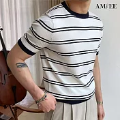 【AMIEE】韓版清新修身百搭條紋T恤上衣(男裝/KDTY-5111) L 米白色