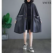 【AMIEE】復古領雙側口袋寬鬆休閒風衣外套(KDCQ-383) M 黑色