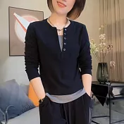 【MsMore】 休閒套裝韓版V領長袖假兩件寬鬆百搭顯瘦直筒褲針織2件式# 122935 FREE 黑色