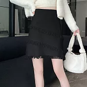 【MsMore】 流蘇拼接針織高腰百搭氣質顯瘦A字短裙# 122940 FREE 黑色