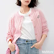 【MsMore】 薄款絞花刺繡針織開衫圓領長袖純色百搭上衣外套# 122963 FREE 粉紅色