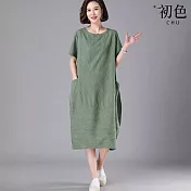 【初色】純色印花梨型修身顯瘦休閒圓領短袖連衣裙洋裝-共3色-35281(M-2XL可選) XL 墨綠色