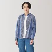 【MUJI 無印良品】女水洗平織布標準領長袖襯衫 M 深藍直紋