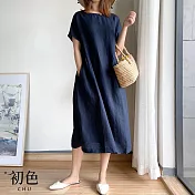 【初色】純色寬鬆圓領短袖中大尺碼中長裙連身洋裝連身裙洋裝-共7色-33931(M-3XL可選) M 寶藍色