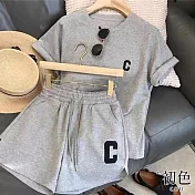 【初色】夏日純色字母印花短袖T恤上衣+休閒直筒短褲套裝-共2色-33930(M-2XL可選) M 灰色