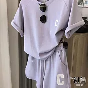 【初色】夏日純色字母印花短袖T恤上衣+休閒直筒短褲套裝-共2色-33930(M-2XL可選) M 紫色