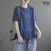 【初色】寬鬆文藝風刺繡圓領五分短袖T恤上衣女上衣-共4色-33932(M-4XL可選) 2XL 藍色