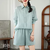 【初色】通勤風棉麻薄款長袖襯衫上衣女上衣+純色寬鬆闊腿褲休閒褲短褲套裝-共2色-35789(L-2XL可選) L 淺藍色