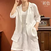 【初色】西裝領七分袖長袖開衫外套外套女外套+素色休閒褲寬褲短褲套裝-共3色-35791(M-3XL可選) M 白色