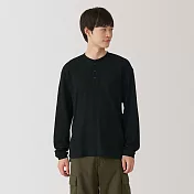 【MUJI 無印良品】男鬆餅紋亨利領長袖T恤 M 黑色
