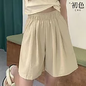 【初色】日系涼感純色口袋高腰透氣柔軟直筒褲休閒褲短褲-共5色-35616(M/L可選) M 杏色