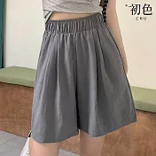【初色】日系涼感純色口袋高腰透氣柔軟直筒褲休閒褲短褲-共5色-35616(M/L可選) M 灰色