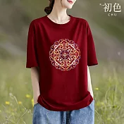 【初色】圖騰印花圓領五分短袖T恤上衣女上衣-共5色-35680(M-3XL可選) XL 酒紅色