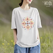 【初色】圖騰印花圓領五分短袖T恤上衣女上衣-共5色-35680(M-3XL可選) XL 白色