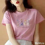 【MsMore】 格林畫風可愛兔印花圓領精梳棉短袖短版T恤上衣臺灣現貨# 121668 S 粉紅色
