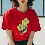 【MsMore】 五辦花立體珍珠邊圓領精梳棉短袖短版T恤上衣臺灣現貨# 121677 S 紅色