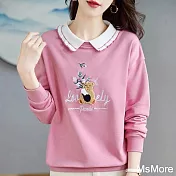 【MsMore】 小熊字母刺繡翻領長袖針織衫爆款寬鬆顯瘦短版上衣# 122914 FREE 粉紅色