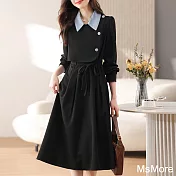 【MsMore】 蔚藍夜法式假兩件長袖長版洋裝# 123060 M 黑色