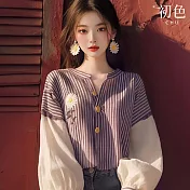 【初色】條紋拼接小花刺繡燈籠袖寬鬆圓領長袖襯衫上衣女上衣-紫色條紋-37100(M-3XL可選) M 紫色條紋