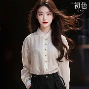【初色】新中式國風亞麻純色單排釦立領長袖襯衫上衣女上衣-杏色-37104(M-3XL可選) M 杏色