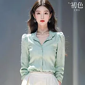【初色】通勤風亞麻寬鬆肌理感純色翻領單排釦長袖襯衫上衣女上衣-綠色-37107(M-3XL可選) M 綠色