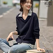 【初色】法式撞色條紋拼接V領長袖襯衫上衣女上衣-藏青色-37133(M-2XL可選) 2XL 藏青色