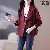 【初色】短款收腰抽繩翻領壓扣長袖風衣外套女外套-酒紅色-37686(M-3XL可選) M 酒紅色